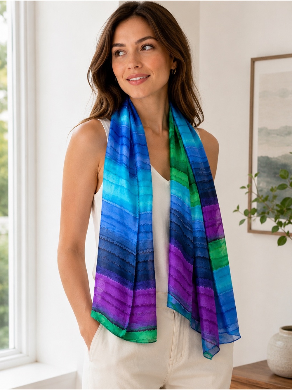 SERRV Fair Trade 100% Silk Scarf Blue Green Purple Artisan Wrap